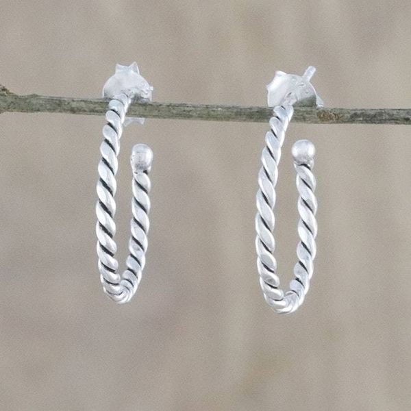 Alternate image for Handcrafted Sterling Silver Half-Hoop Earrings from Thailand Spiral Away