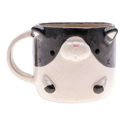 Alternate image for Thai Handcrafted 9 oz Glazed Ceramic Cat Mug Bicolor Cat Morning