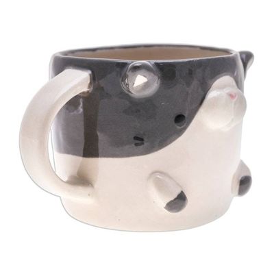 Alternate image for Thai Handcrafted 9 oz Glazed Ceramic Cat Mug Bicolor Cat Morning