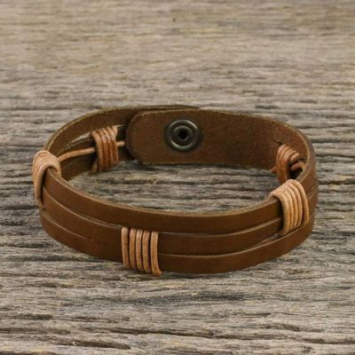 Alternate image for Mens Light Brown Leather Wristband Bracelet with Brass Snap Commander in Light Brown