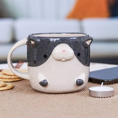 Alternate image for Thai Handcrafted 9 oz Glazed Ceramic Cat Mug Bicolor Cat Morning
