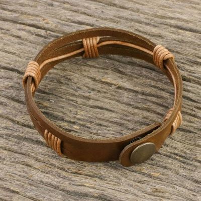 Alternate image for Mens Light Brown Leather Wristband Bracelet with Brass Snap Commander in Light Brown