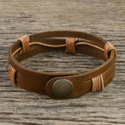 Alternate image for Mens Light Brown Leather Wristband Bracelet with Brass Snap Commander in Light Brown