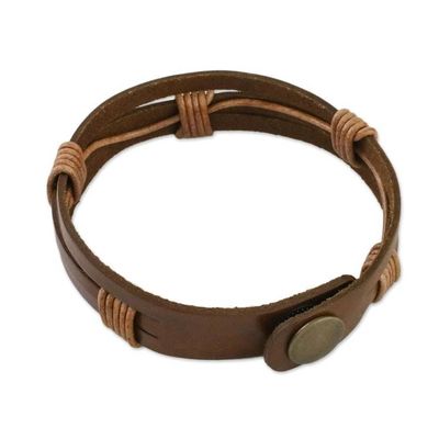 Alternate image for Mens Light Brown Leather Wristband Bracelet with Brass Snap Commander in Light Brown