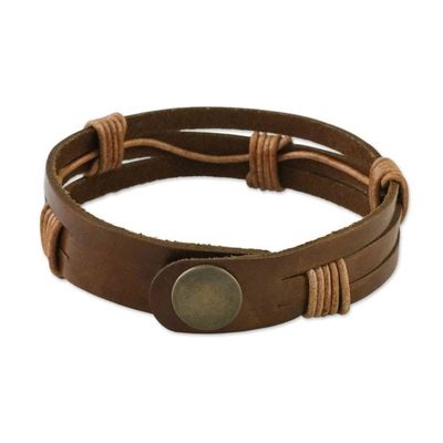 Alternate image for Mens Light Brown Leather Wristband Bracelet with Brass Snap Commander in Light Brown