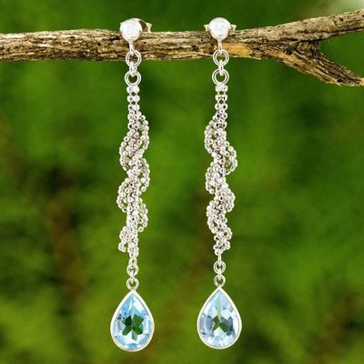 Primary image for Sterling Silver Ball Chain and Blue Topaz Dangle Earrings Blue Rose Teardrop