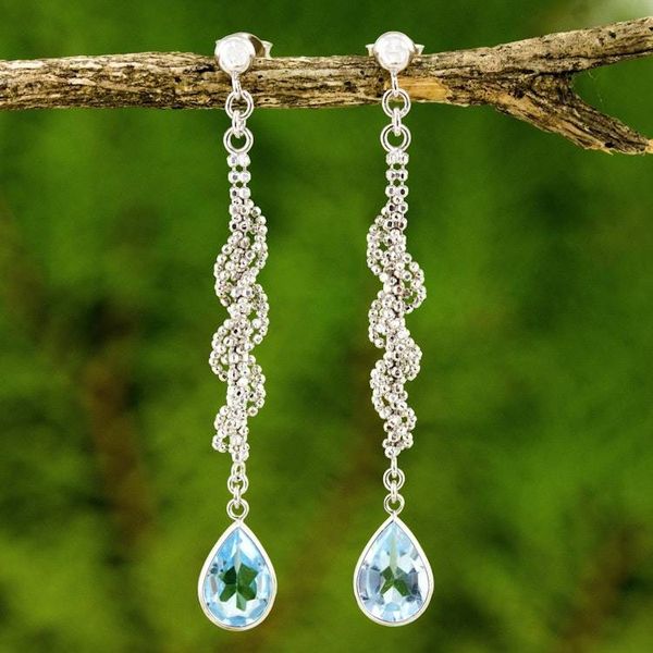 Alternate image for Sterling Silver Ball Chain and Blue Topaz Dangle Earrings Blue Rose Teardrop