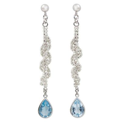 Alternate image for Sterling Silver Ball Chain and Blue Topaz Dangle Earrings Blue Rose Teardrop
