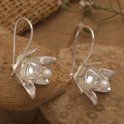 Primary image for Bridal Lotus-Shaped Drop Earrings with Silver-White Pearls Awakening Lotus