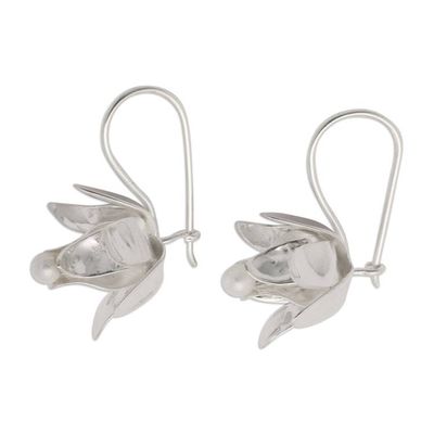 Alternate image for Bridal Lotus-Shaped Drop Earrings with Silver-White Pearls Awakening Lotus