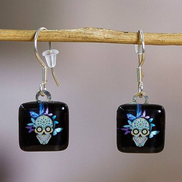 Alternate image for Decoupage on Glass Dangle Earrings with Catrina Motif Petite Butterfly Catrina