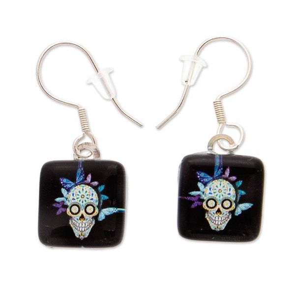 Alternate image for Decoupage on Glass Dangle Earrings with Catrina Motif Petite Butterfly Catrina