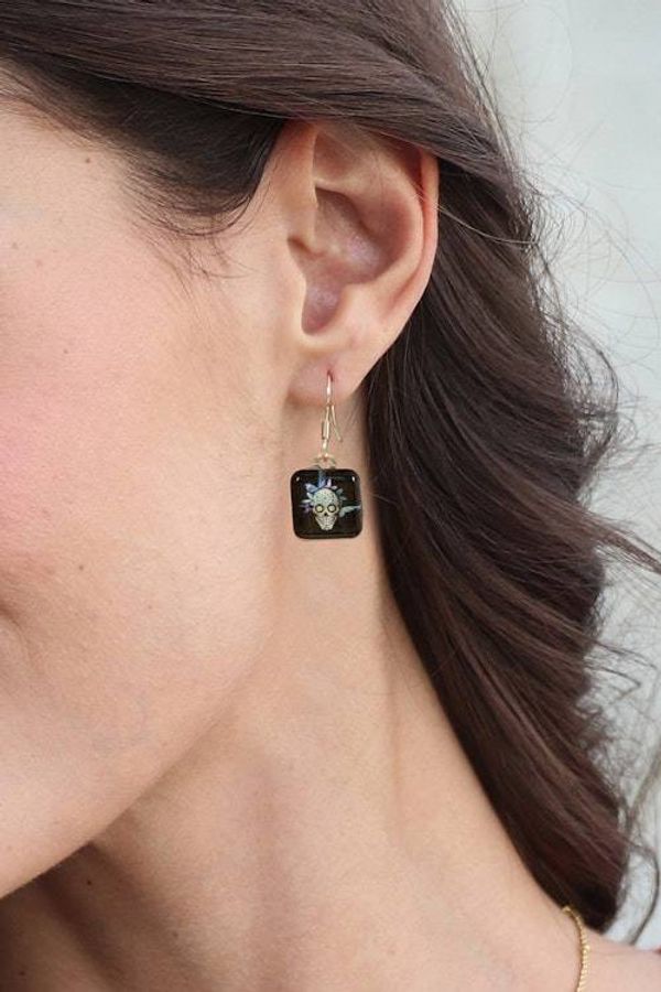 Alternate image for Decoupage on Glass Dangle Earrings with Catrina Motif Petite Butterfly Catrina