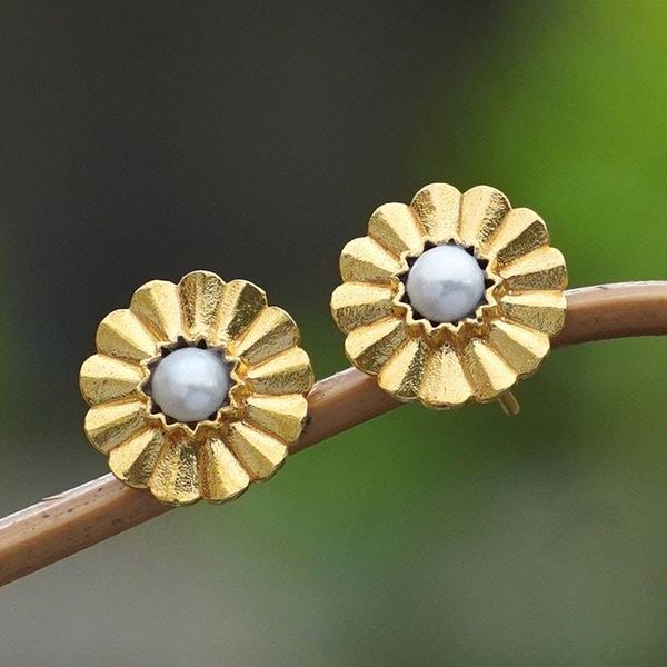 Alternate image for 22k Gold-Plated Floral Button Earrings with Grey Pearls Origami Bloom