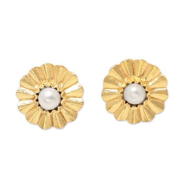 Alternate image for 22k Gold-Plated Floral Button Earrings with Grey Pearls Origami Bloom