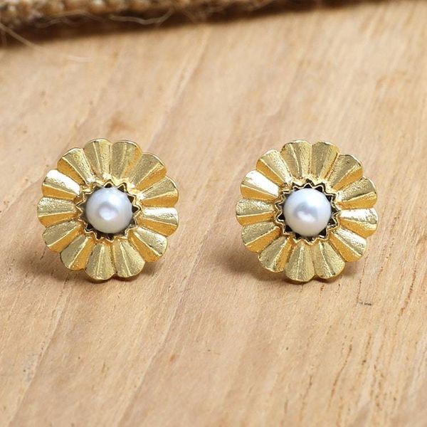 Alternate image for 22k Gold-Plated Floral Button Earrings with Grey Pearls Origami Bloom