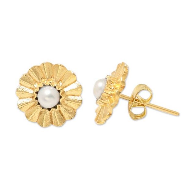 Alternate image for 22k Gold-Plated Floral Button Earrings with Grey Pearls Origami Bloom
