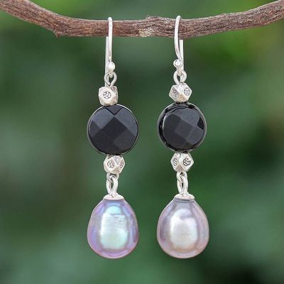 Alternate image for Thai Onyx and Cultured Pearl Dangle Earrings Smoky Campfire