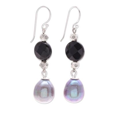 Alternate image for Thai Onyx and Cultured Pearl Dangle Earrings Smoky Campfire