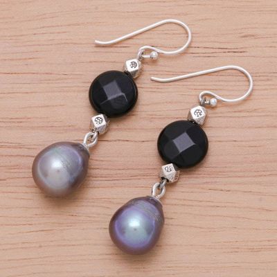 Alternate image for Thai Onyx and Cultured Pearl Dangle Earrings Smoky Campfire