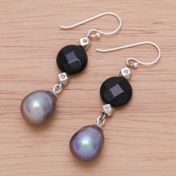 Alternate image for Thai Onyx and Cultured Pearl Dangle Earrings Smoky Campfire
