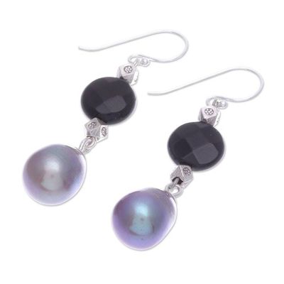 Alternate image for Thai Onyx and Cultured Pearl Dangle Earrings Smoky Campfire