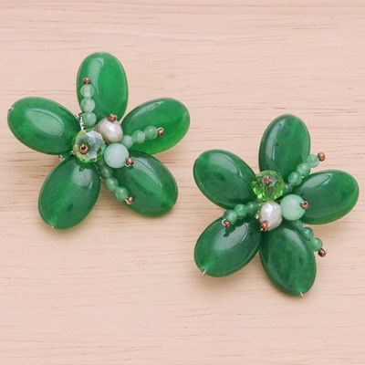 Alternate image for Floral Quartz and Cultured Pearl Clip-On Earrings in Green Nature Spring