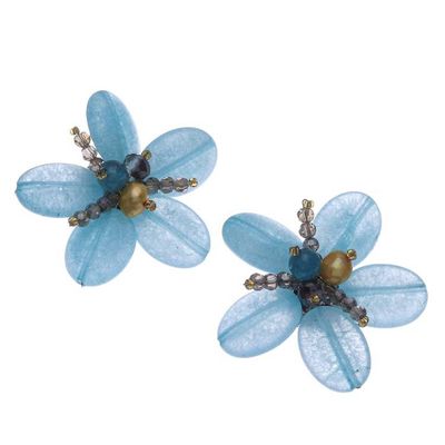 Alternate image for Floral Quartz and Cultured Pearl Clip-On Earrings in Blue Ice Spring