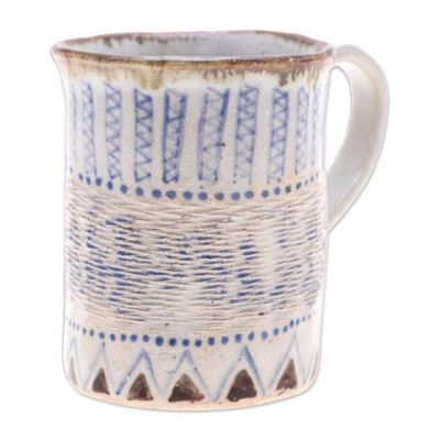 Alternate image for Textured Antique Ceramic Mug with Geometric Patterns Blue Essence