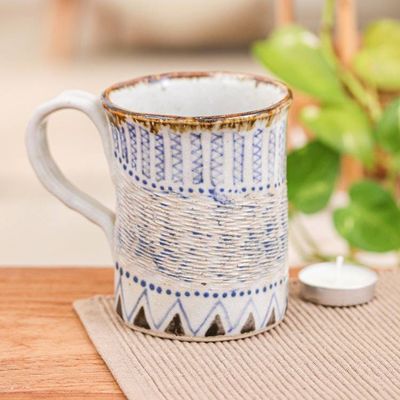Alternate image for Textured Antique Ceramic Mug with Geometric Patterns Blue Essence