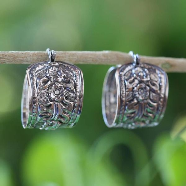 Alternate image for 925 Sterling Silver Floral Hoop Earrings from Thailand Hanging Jasmine