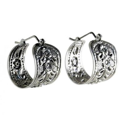 Alternate image for 925 Sterling Silver Floral Hoop Earrings from Thailand Hanging Jasmine