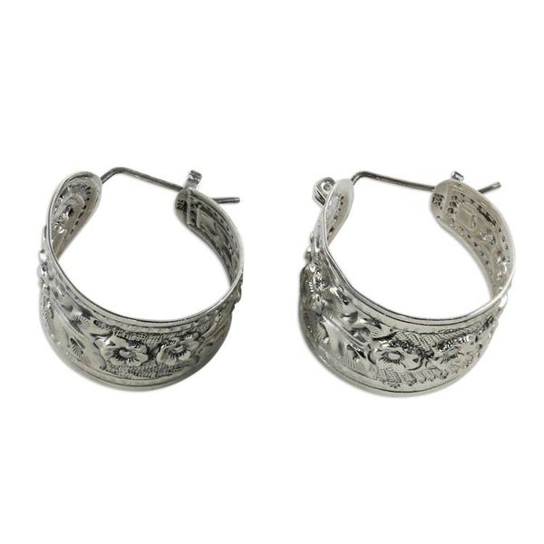 Alternate image for 925 Sterling Silver Floral Hoop Earrings from Thailand Hanging Jasmine