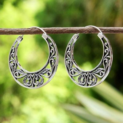 Primary image for Sterling Silver Leaf Motif Hoop Earrings from Thailand Leafy Spring