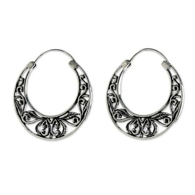 Alternate image for Sterling Silver Leaf Motif Hoop Earrings from Thailand Leafy Spring