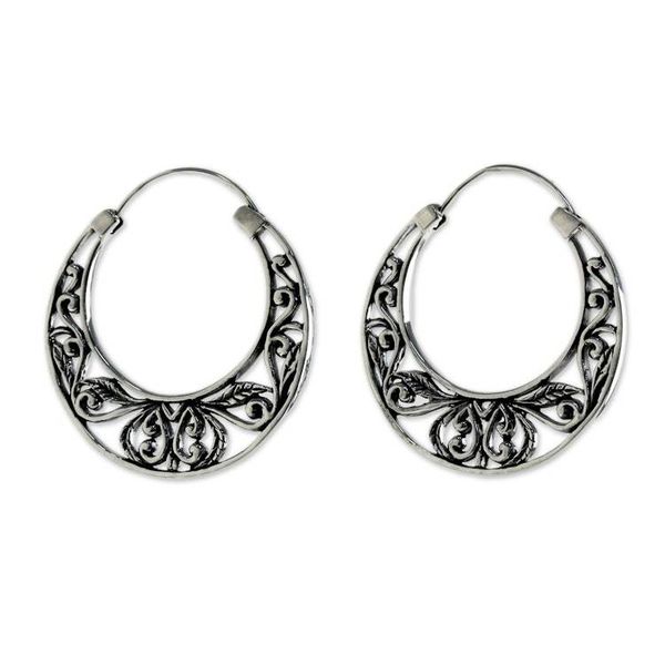 Alternate image for Sterling Silver Leaf Motif Hoop Earrings from Thailand Leafy Spring