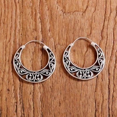 Alternate image for Sterling Silver Leaf Motif Hoop Earrings from Thailand Leafy Spring