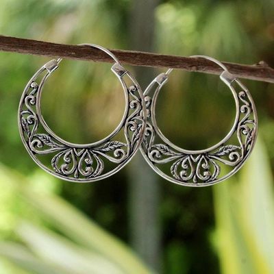 Alternate image for Sterling Silver Leaf Motif Hoop Earrings from Thailand Leafy Spring