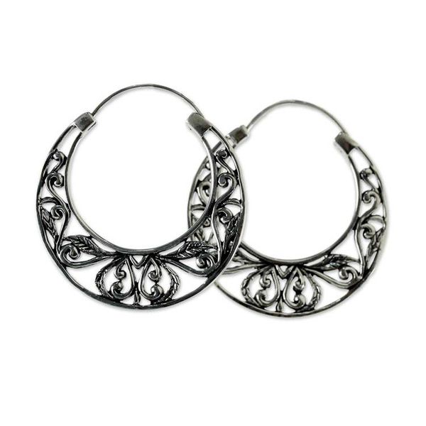 Alternate image for Sterling Silver Leaf Motif Hoop Earrings from Thailand Leafy Spring