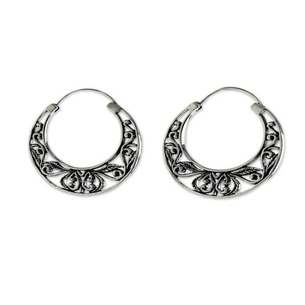 Alternate image for Sterling Silver Leaf Motif Hoop Earrings from Thailand Leafy Spring