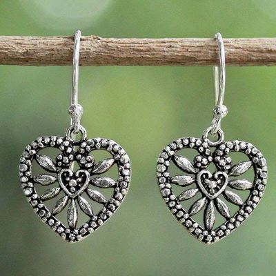 Primary image for Heart Shaped Sterling Silver Dangle Earrings from Thailand Heart Blooms