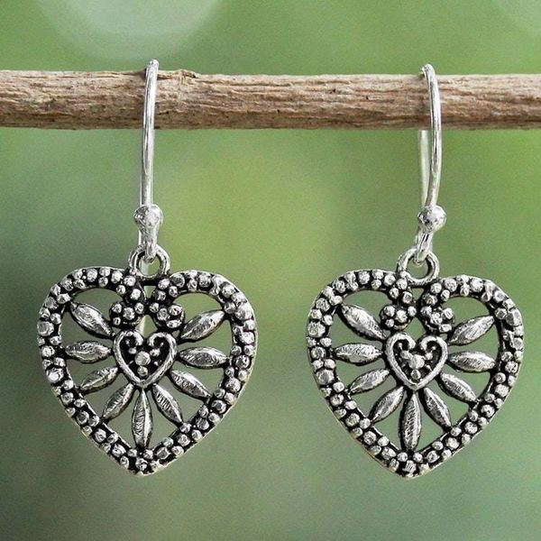 Alternate image for Heart Shaped Sterling Silver Dangle Earrings from Thailand Heart Blooms