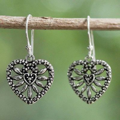 Alternate image for Heart Shaped Sterling Silver Dangle Earrings from Thailand Heart Blooms