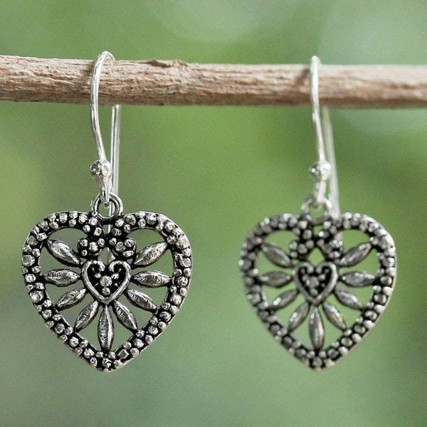 Alternate image for Heart Shaped Sterling Silver Dangle Earrings from Thailand Heart Blooms