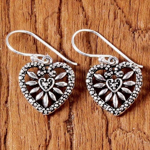 Alternate image for Heart Shaped Sterling Silver Dangle Earrings from Thailand Heart Blooms