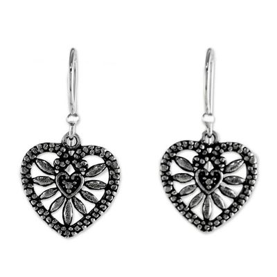 Alternate image for Heart Shaped Sterling Silver Dangle Earrings from Thailand Heart Blooms
