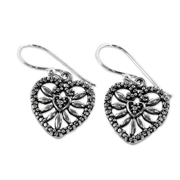 Alternate image for Heart Shaped Sterling Silver Dangle Earrings from Thailand Heart Blooms