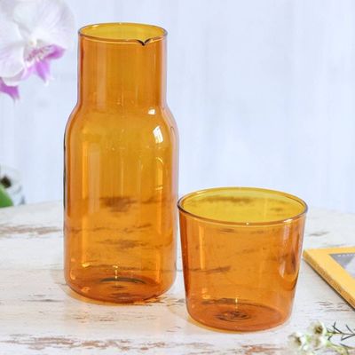 Alternate image for Handblown Clear Orange Pitcher and Rocks Glass Set Victorious Elixir