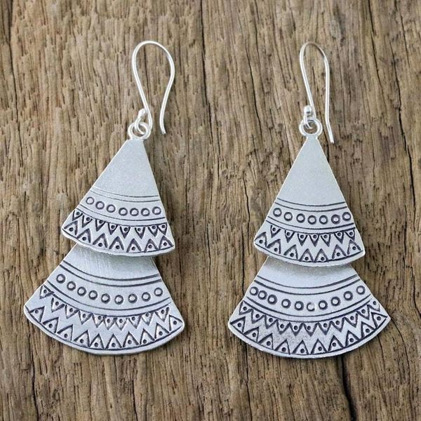 Alternate image for Karen Silver Fan-Shaped Dangle Earrings from Thailand Shining Fans