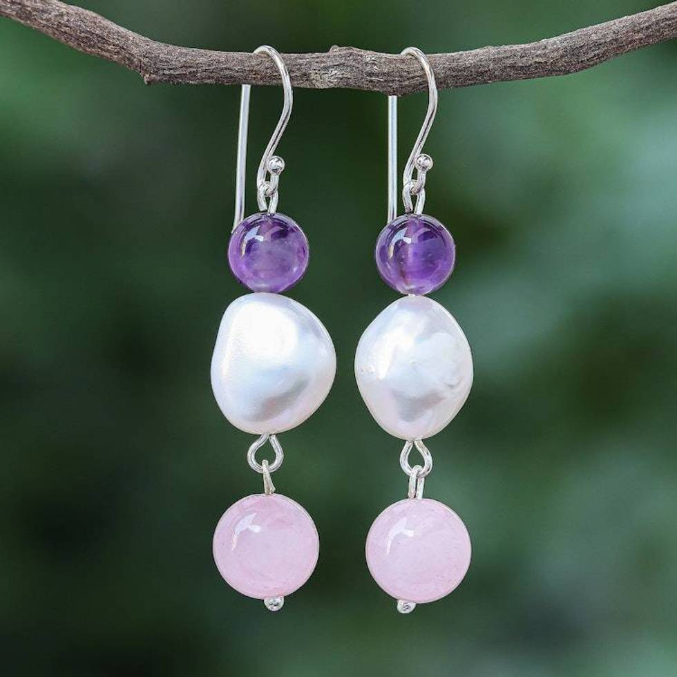 Amethyst and Cultured Freshwater Pearl Dangle Earrings 'Mellow Mood'